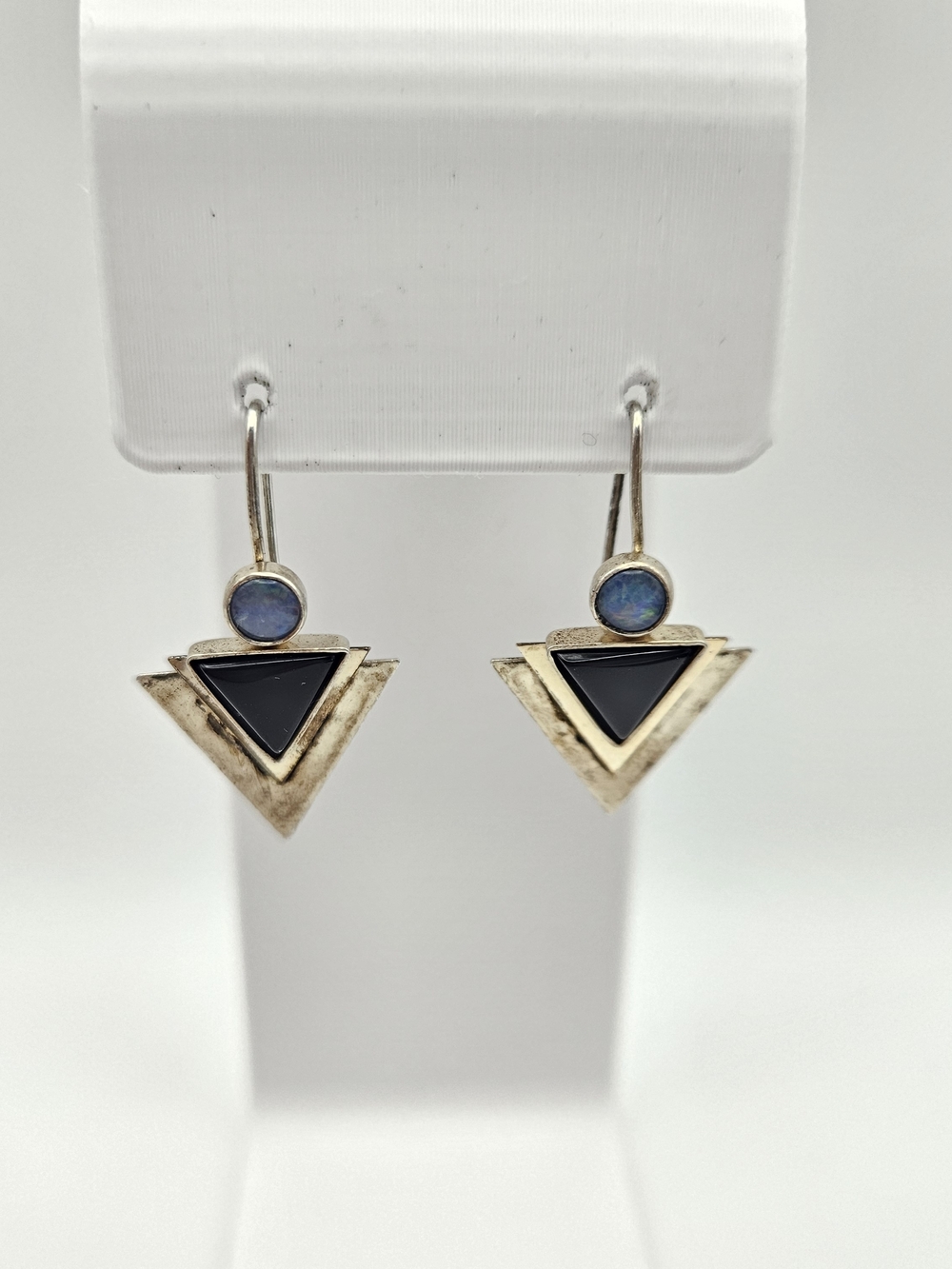 Sterling Silver Geometric Triangle Earrings w/ Black Onyx and Iridescent Blue